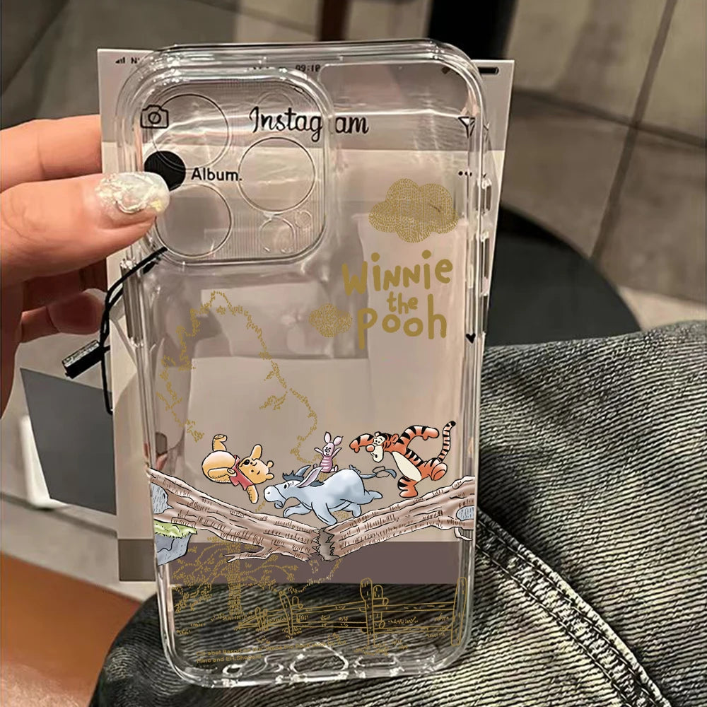 Cute Cartoon Pooh Bear Clear Phone Case For iPhone 17 16 16e 15 14 13 12 11 Mini Pro Max X XR 7 8 Air Plus Transparent Back Cover