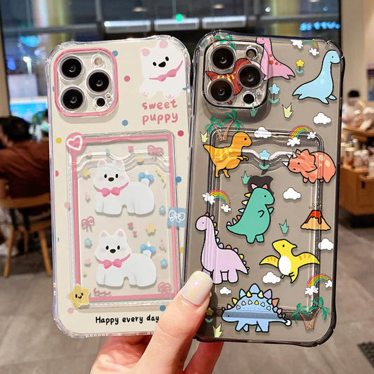 Cute Dinosaur Silicone Phone Case For iPhone 15 13 17 11 12 14 16 Pro Max 7 8 Plus XR XS SE 2020 Card Slot Bag Holder Soft Cover