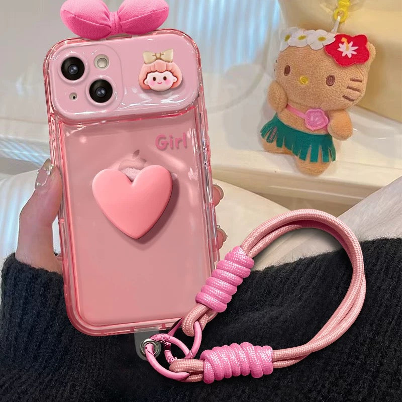 Pink bow girl portable mirror phone case