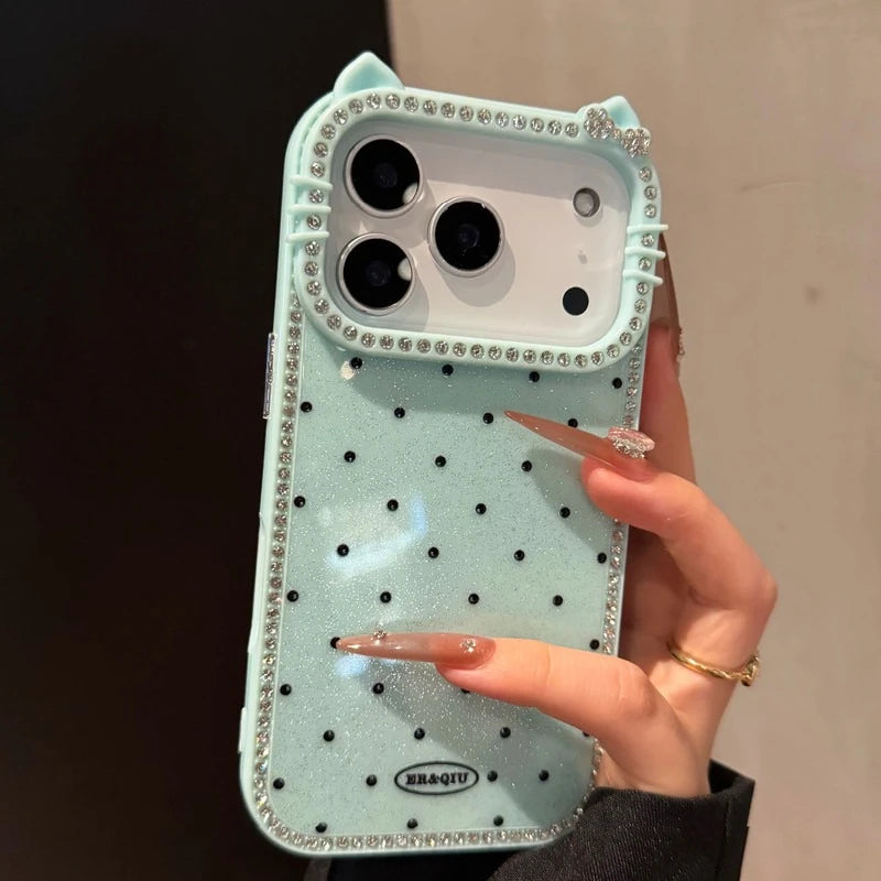 Cute Kitty Rhinestone Protective Cover TPU Phone Case for iPhone 17 Air 16 15 14 13 12 11 Pro Max Plus