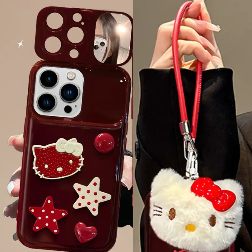 Cute Bow Kitty with Mirror Lens Protector Phone Case For iPhone