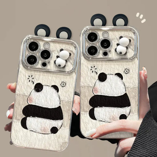3D Panda Mirror Lens Protector Phone Case for iPhone All 17 16 15 14 13 12 11 X Series Models With Panda Charm