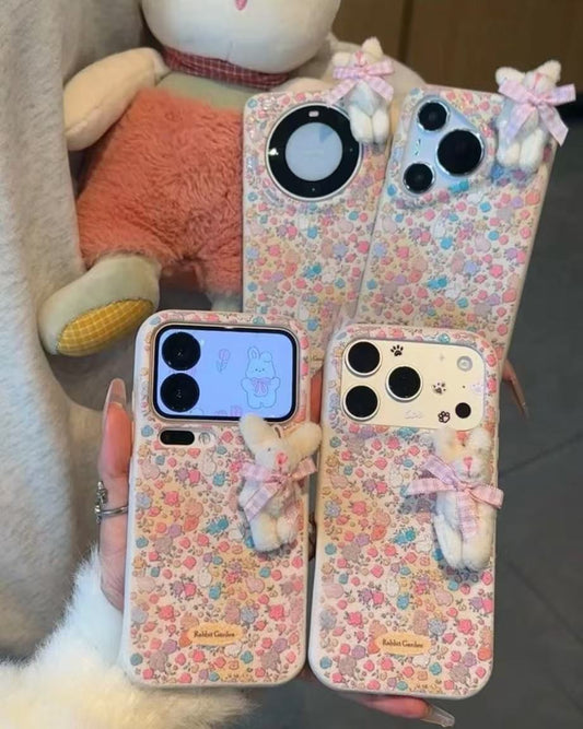 Cute 3D Rabbit Floral Case For iPhone 17 16 15 14 13 12 11 Pro Max Plus XR XS