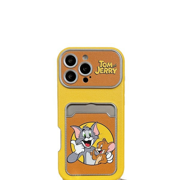 Cute Cat Mouse Cartoon Card Slot Leather Case For iPhone 17 16 15 14 13 12 Pro Max Plus 11 XR with Leather Lanyard