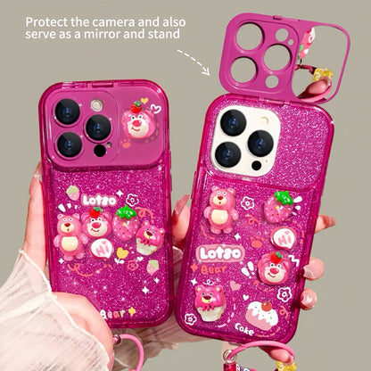Sparkling Strawberry Bear flip phone case with mirror and stand