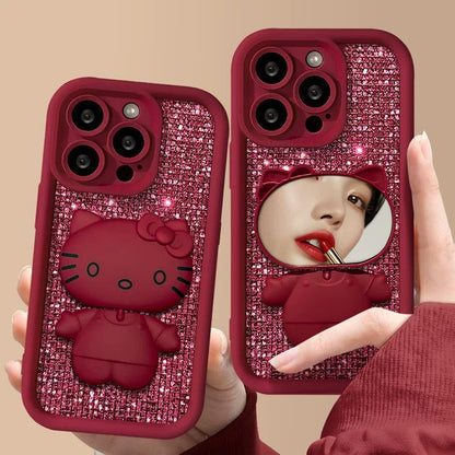 Rotating Kitty phone case with mirror and stand