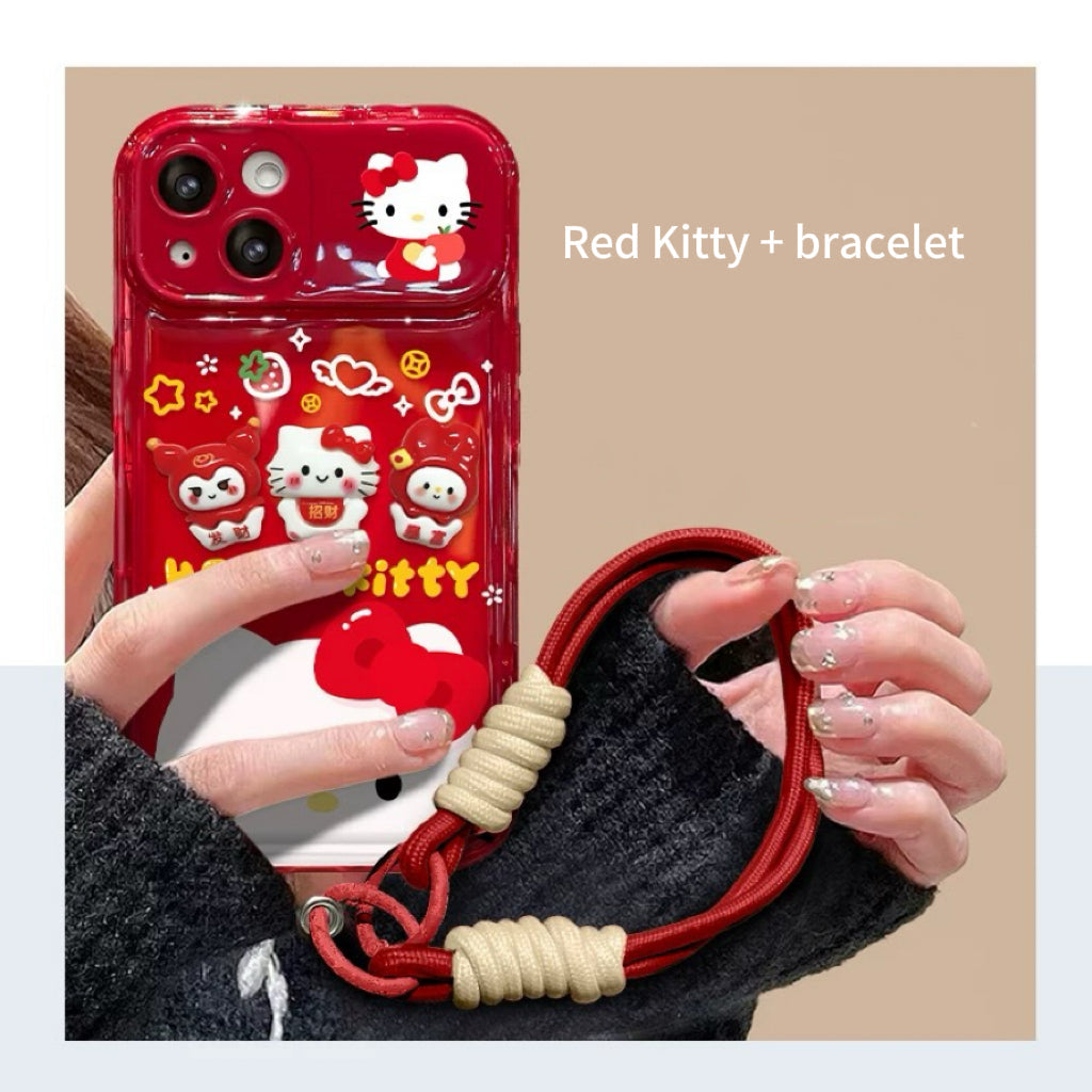 3D red Kitty Kuromi flip phone case with mirror and stand.