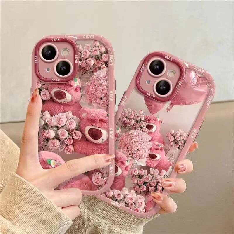 Cute Bear Clear Flora iPhone Case Strawberry Back Cover Cream Shell for iPhone 16 15 14 13 12 11 Pro Max