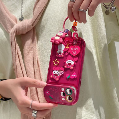 Cute Bear iPhone Case with pendant, make-up mirror holder Strawberry Back Cover for iPhone 16 15 14 13 12 11 Pro Max