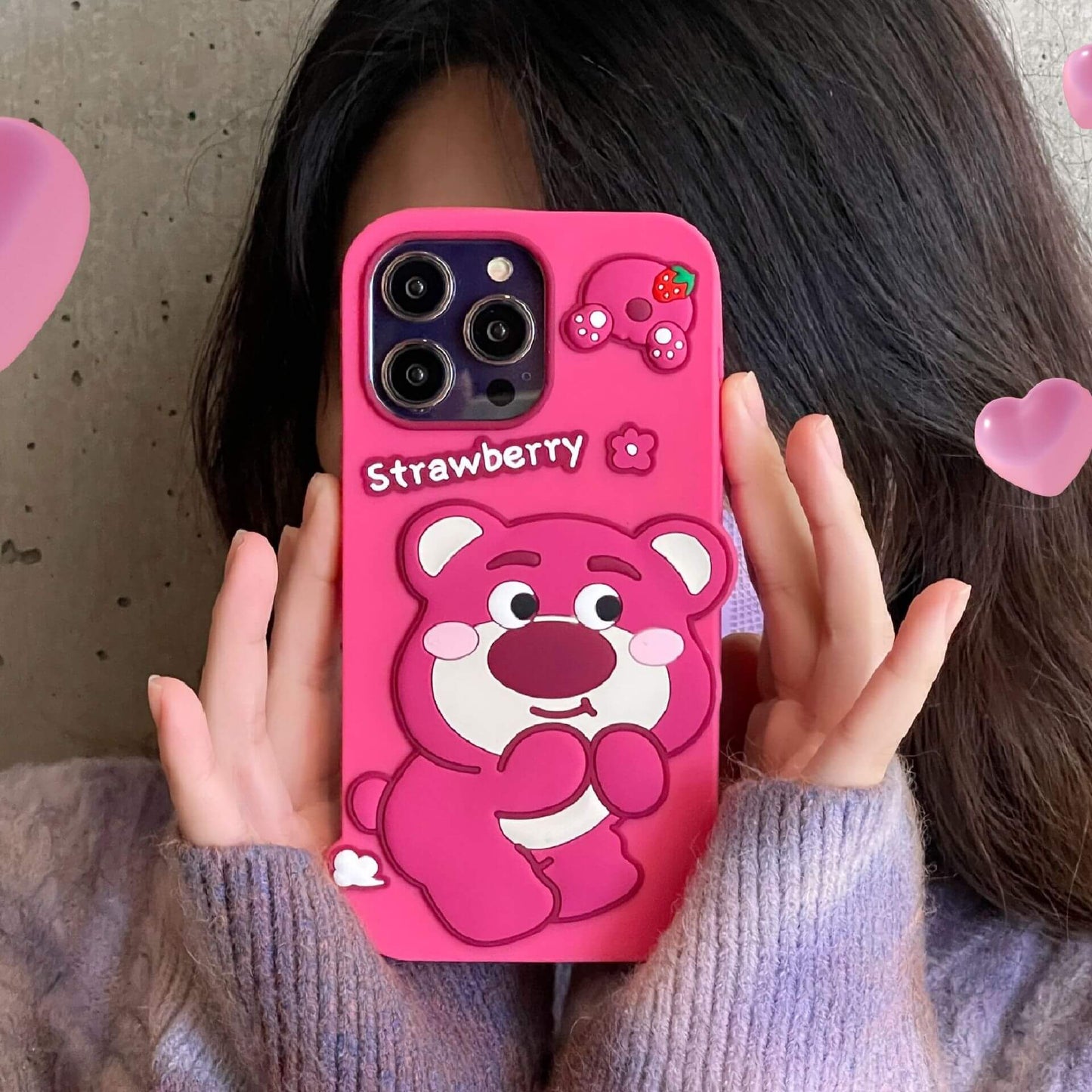 Silicone Cute Bear iPhone Case Strawberry Back Cover for iPhone 16 15 14 13 12 11 Pro Max