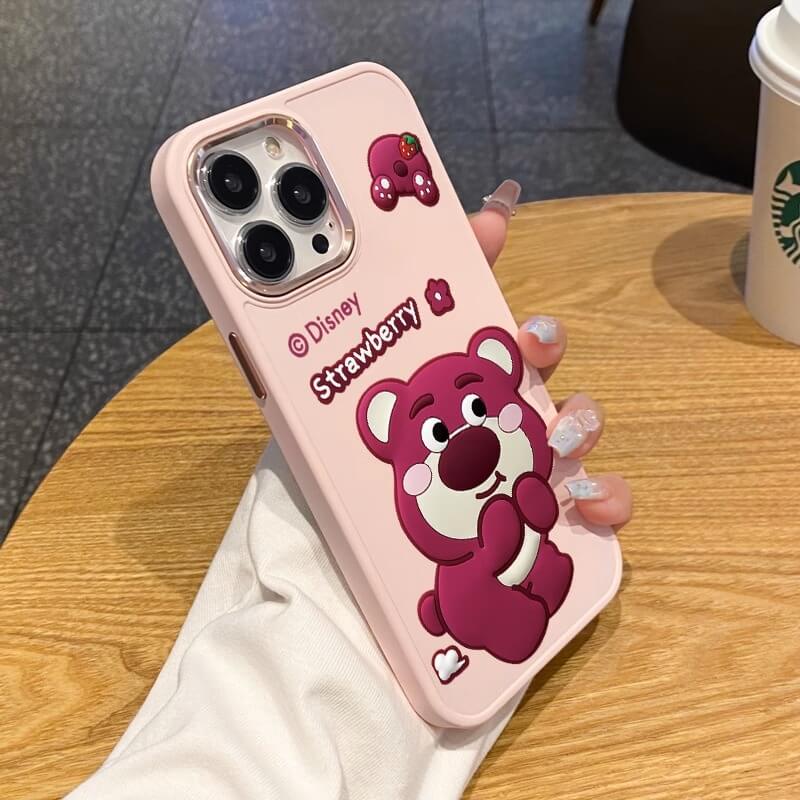 Silicone Cute Bear iPhone Case Strawberry Back Cover for iPhone 16 15 14 13 12 11 Pro Max