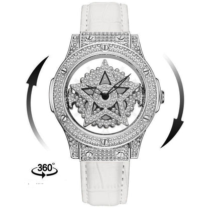 360 Degree Rotation Hollow-out Snowflake Shaped Diamond Luxury Quartz Watch Cowhide Leather Belt