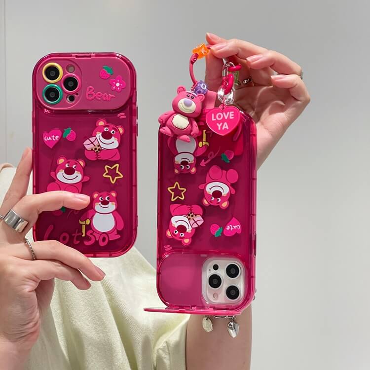 Cute Bear iPhone Case with pendant, make-up mirror holder Strawberry Back Cover for iPhone 16 15 14 13 12 11 Pro Max