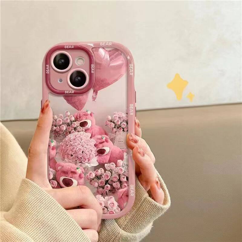 Cute Bear Clear Flora iPhone Case Strawberry Back Cover Cream Shell for iPhone 16 15 14 13 12 11 Pro Max