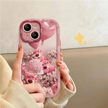 Cute Bear Clear Flora iPhone Case Strawberry Back Cover Cream Shell for iPhone 16 15 14 13 12 11 Pro Max