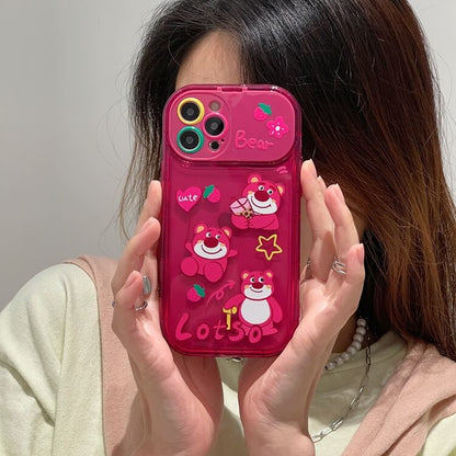 Cute Bear iPhone Case with pendant, make-up mirror holder Strawberry Back Cover for iPhone 16 15 14 13 12 11 Pro Max