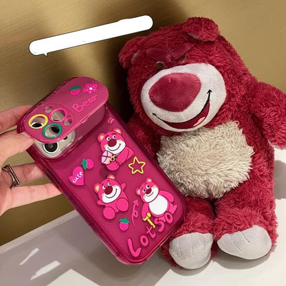 Cute Bear iPhone Case with pendant, make-up mirror holder Strawberry Back Cover for iPhone 16 15 14 13 12 11 Pro Max