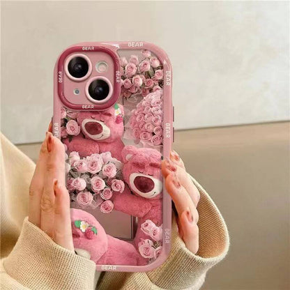 Cute Bear Clear Flora iPhone Case Strawberry Back Cover Cream Shell for iPhone 16 15 14 13 12 11 Pro Max