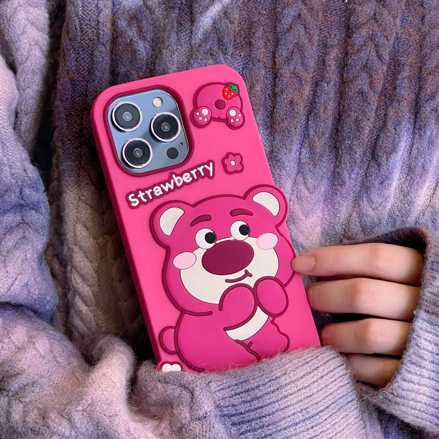 Silicone Cute Bear iPhone Case Strawberry Back Cover for iPhone 16 15 14 13 12 11 Pro Max