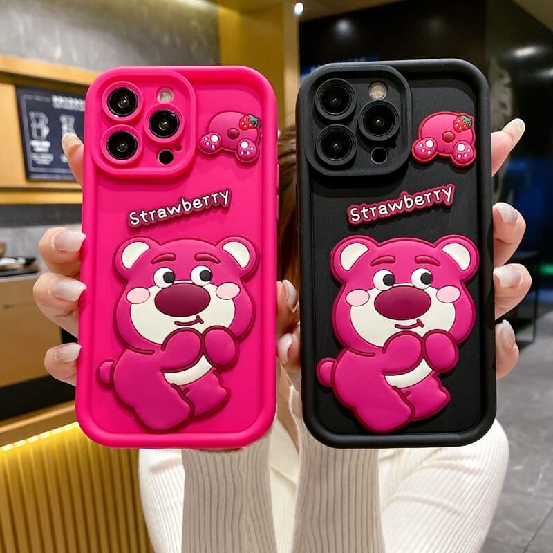 Silicone Cute Bear iPhone Case Strawberry Back Cover for iPhone 16 15 14 13 12 11 Pro Max