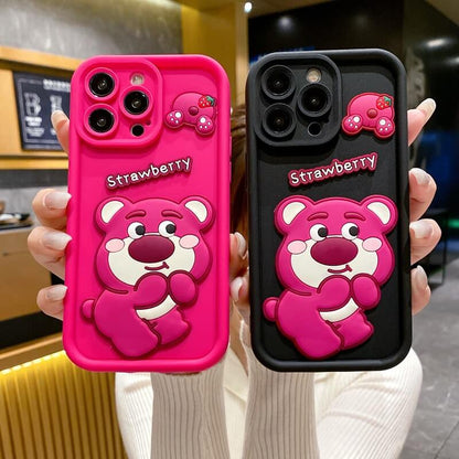 Silicone Cute Bear iPhone Case Strawberry Back Cover for iPhone 16 15 14 13 12 11 Pro Max