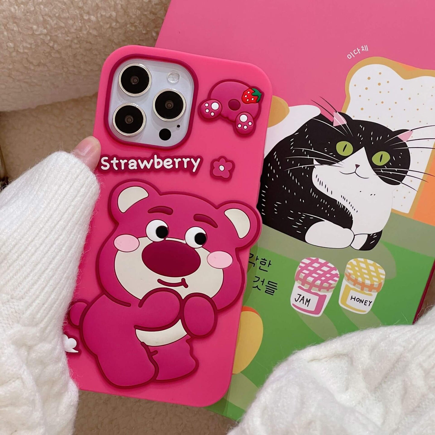 Silicone Cute Bear iPhone Case Strawberry Back Cover for iPhone 16 15 14 13 12 11 Pro Max