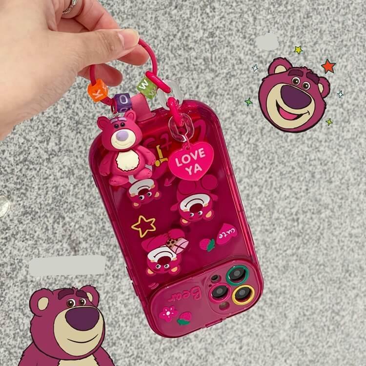 Cute Bear iPhone Case with pendant, make-up mirror holder Strawberry Back Cover for iPhone 16 15 14 13 12 11 Pro Max