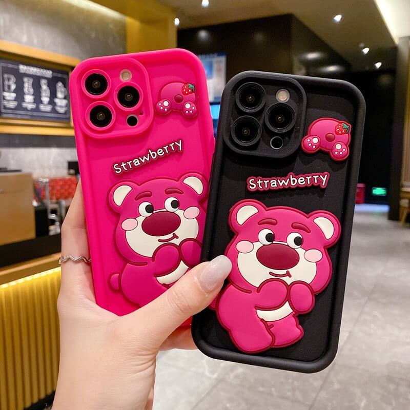 Silicone Cute Bear iPhone Case Strawberry Back Cover for iPhone 16 15 14 13 12 11 Pro Max