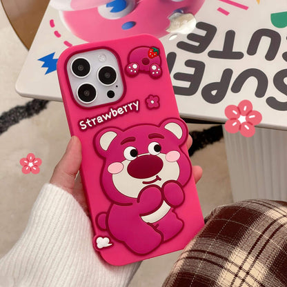 Silicone Cute Bear iPhone Case Strawberry Back Cover for iPhone 16 15 14 13 12 11 Pro Max