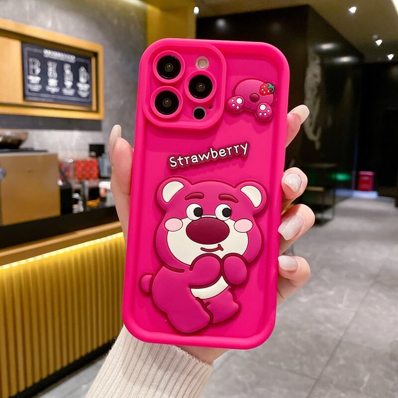 Silicone Cute Bear iPhone Case Strawberry Back Cover for iPhone 16 15 14 13 12 11 Pro Max