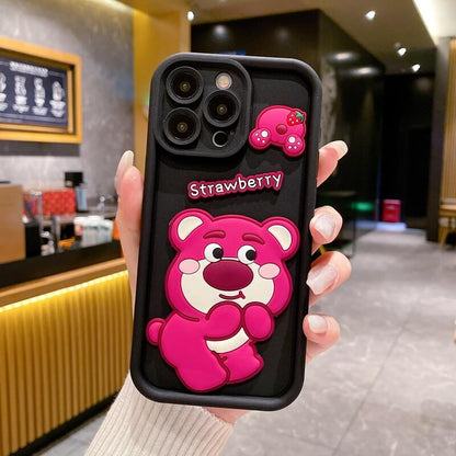 Silicone Cute Bear iPhone Case Strawberry Back Cover for iPhone 16 15 14 13 12 11 Pro Max