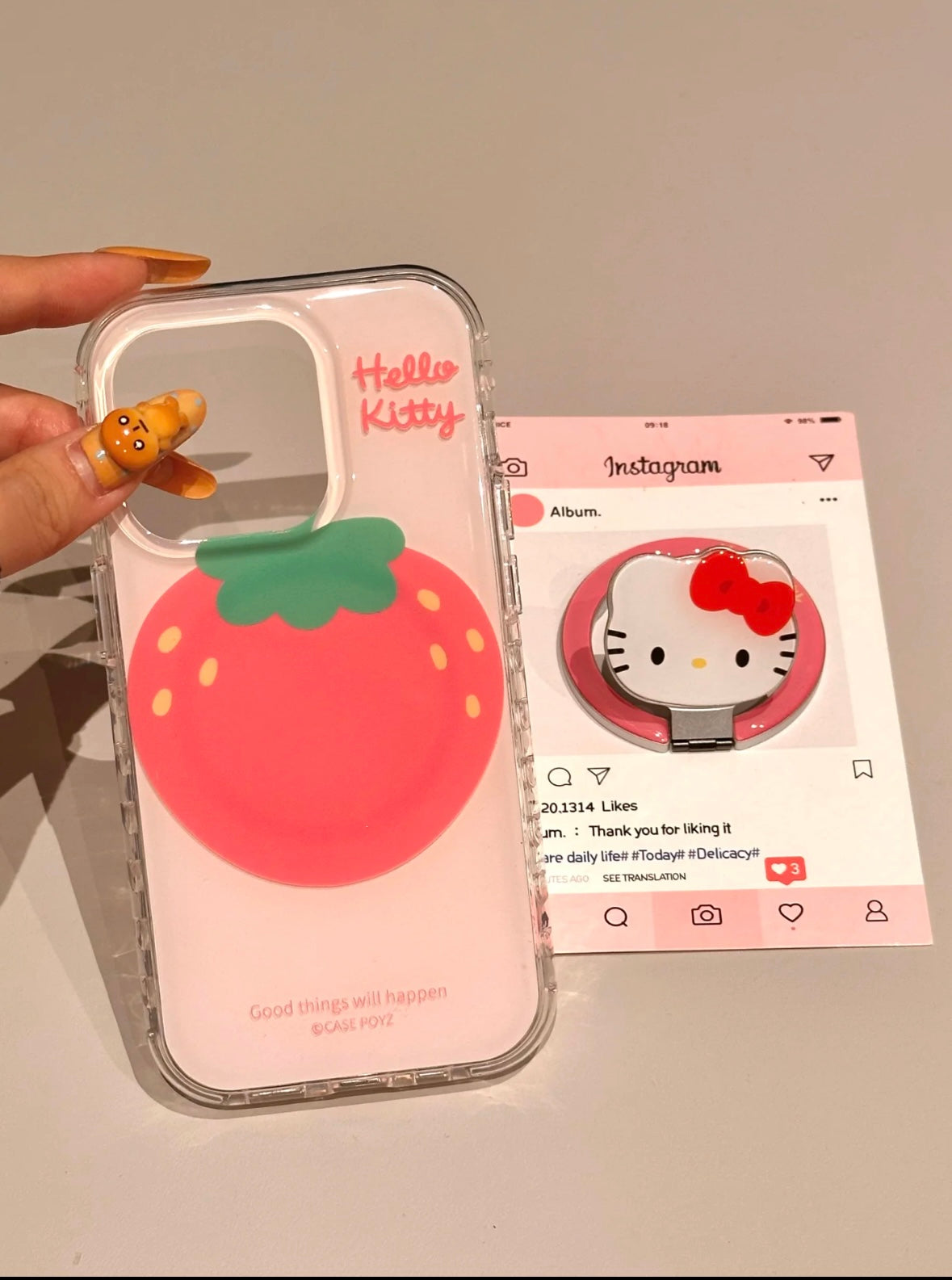 Kitty Pink Strawberry Clear Cute Kawaii MagSafe Case + MagSafe Stand Holder / Phone Grip