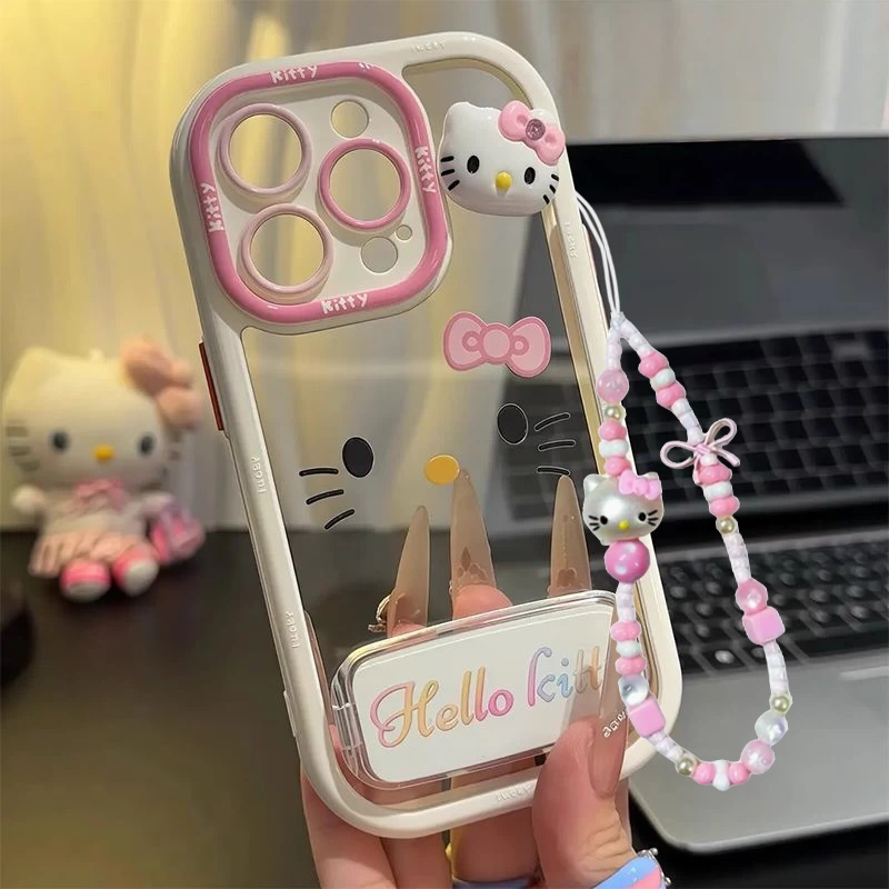 KT Cat Plush Mirror Stand with Hanging Strap for Phone Case