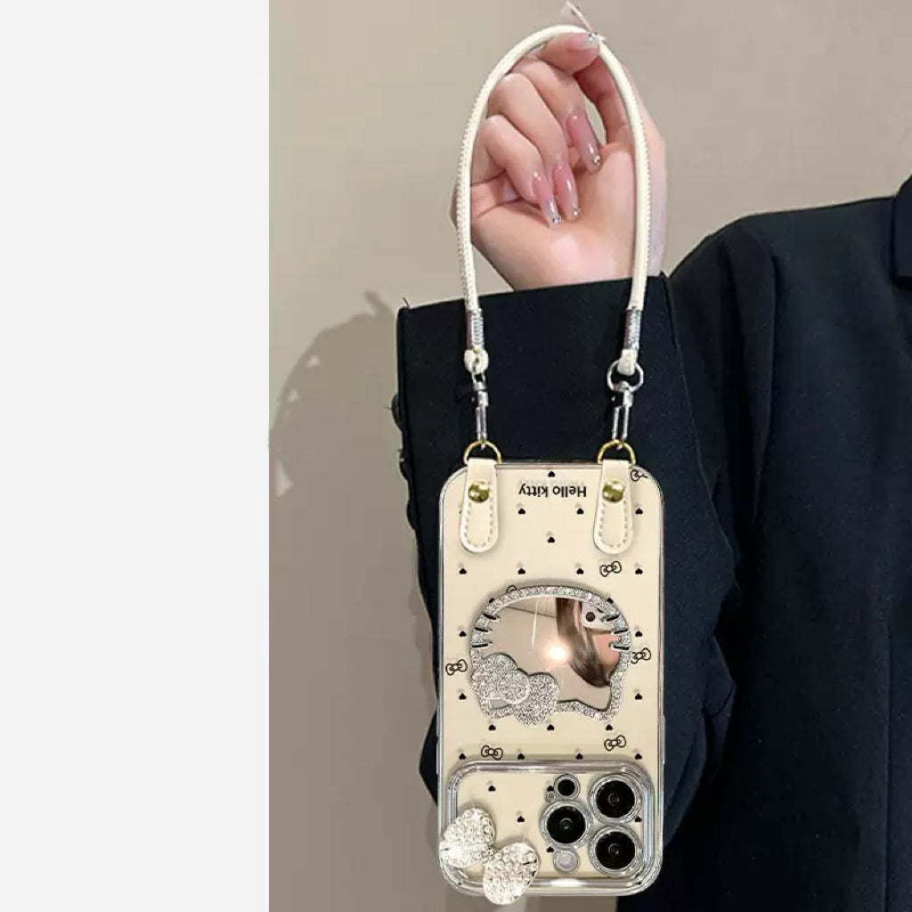 White sparkly Kitty mirror phone case (with wrist strap)
