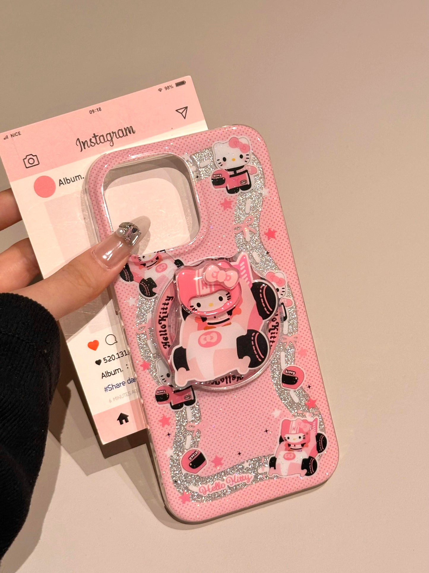 Kitty Pink Racing Glitter Cute Kawaii MagSafe Case + MagSafe Stand Holder / Phone Grip