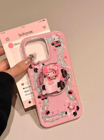 Kitty Pink Racing Glitter Cute Kawaii MagSafe Case + MagSafe Stand Holder / Phone Grip