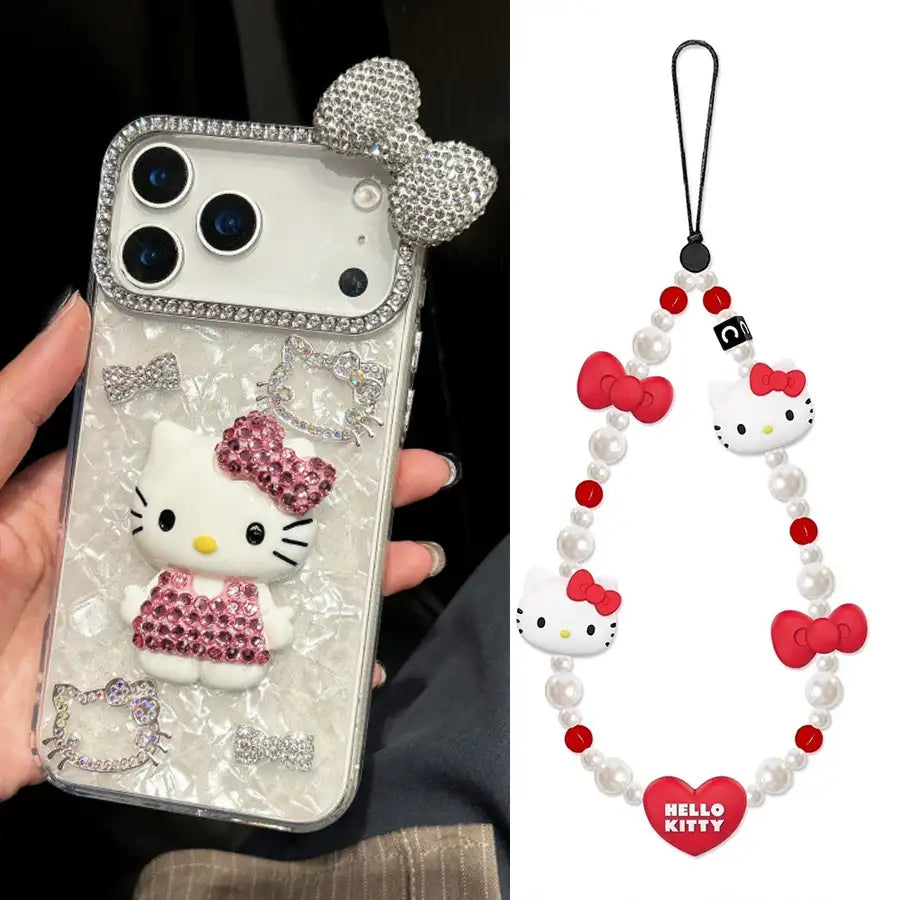Cartoon Diamonds Pink 3D Kitty Phone Case For iPhone 17 16 15 14 13 12 11 Pro Max Bling Glitter TPU Clear Back Cover with Charm