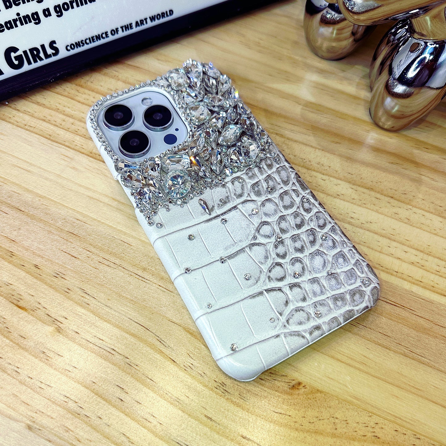 Crocodile Pattern with White Crystals Phone Case Compatible iPhone for iPhone 16 15 14 13 12 11 Plus Pro Max