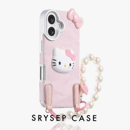 Cartoon Kitty Phone Case For iPhone 17 16 15 14 13 12 11 Pro Max Plus With Pearls Charm