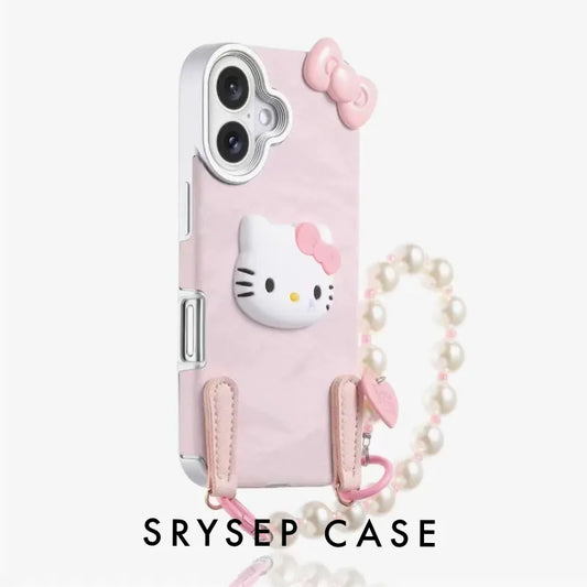 Cartoon Kitty Phone Case For iPhone 17 16 15 14 13 12 11 Pro Max Plus With Pearls Charm