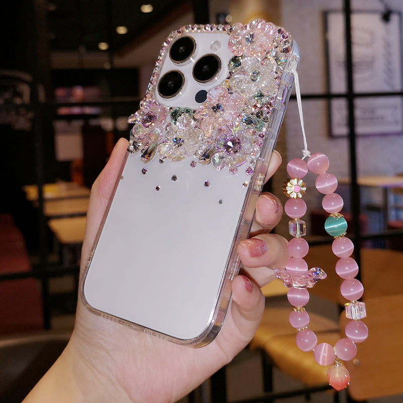 Handmade iPhone Case Minimalist Flowers Bling Diamond Back Cover Case for iPhone 16 15 14 13 12 11 Plus Pro Max