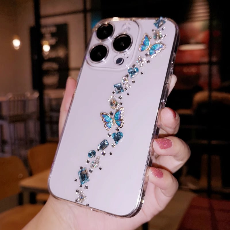 Handmade Minimalist Butterflies Bling Blue Crystal iPhone Case for iPhone 16 15 14 13 12 11 Plus Pro Max
