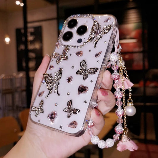 Handmade iPhone Case Minimalist Bling Diamond with Butterfly Case for iPhone 16 15 14 13 12 11 Plus Pro Max