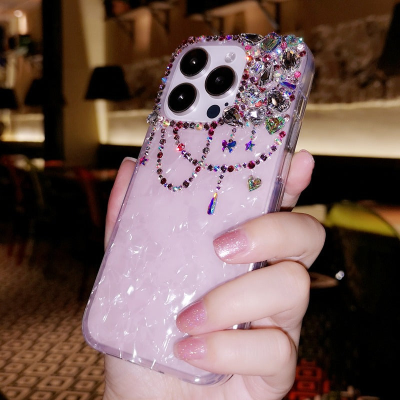 Handmade Minimalist Shell Pattern with Bling Crystal iPhone Case for iPhone 16 15 14 13 12 11 Plus Pro Max