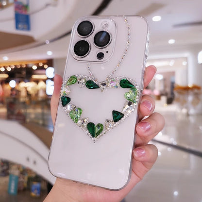 Handmade Minimalist Green Crystal Bling Heart iPhone Case for iPhone 16 15 14 13 12 11 Plus Pro Max