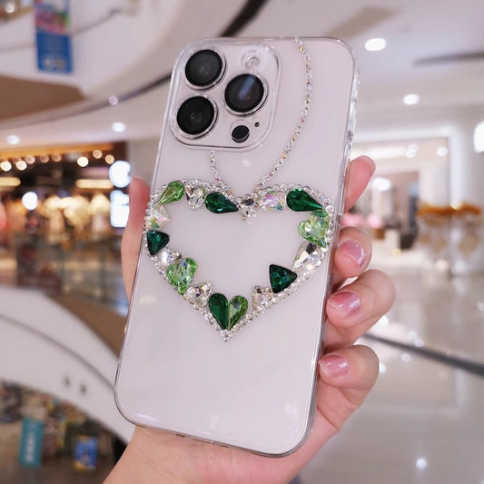 Handmade Minimalist Green Crystal Bling Heart iPhone Case for iPhone 16 15 14 13 12 11 Plus Pro Max