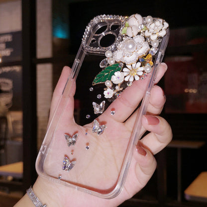 Coque iPhone faite à la main, luxueuse, ornée de diamants, minimaliste, à fleurs, coque arrière