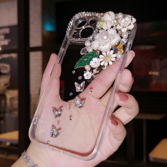 Handmade iPhone Case Luxury Bling Diamond Minimalist Flowers Back Cover Case for iPhone 16 15 14 13 12 11 Plus Pro Max