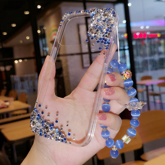 Handmade iPhone Case Minimalist Bling Blue Diamond Back Cover Case for iPhone 16 15 14 13 12 11 Plus Pro Max
