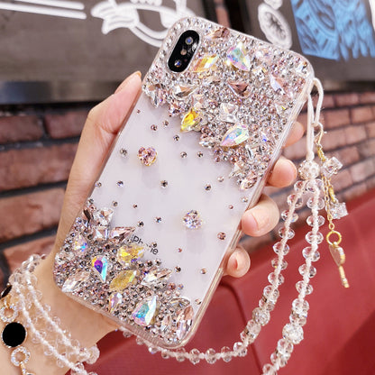Handmade iPhone Case Luxury Bling Diamond Minimalist Heart with Lanyard for iPhone 16 15 14 13 12 11 Plus Pro Max